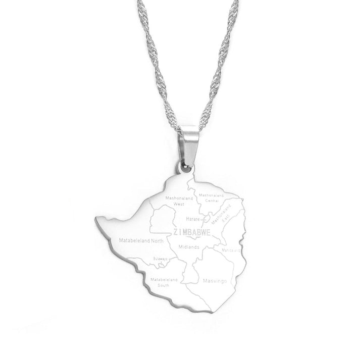 Collier carte Zimbabwe couleur argent