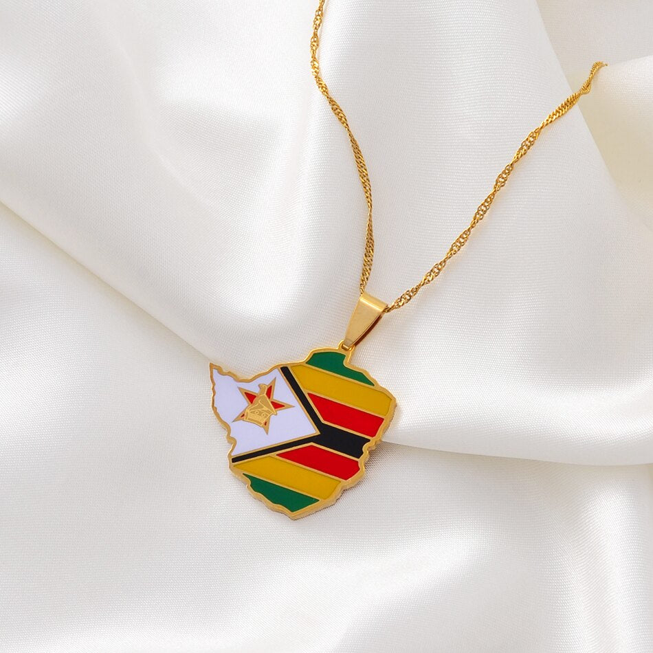 Collier drapeau Zimbabwe couleur or